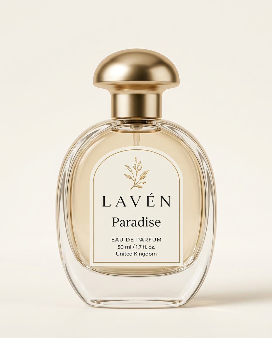 Paradise eau de parfum bottle with a gold cap on an ivory background